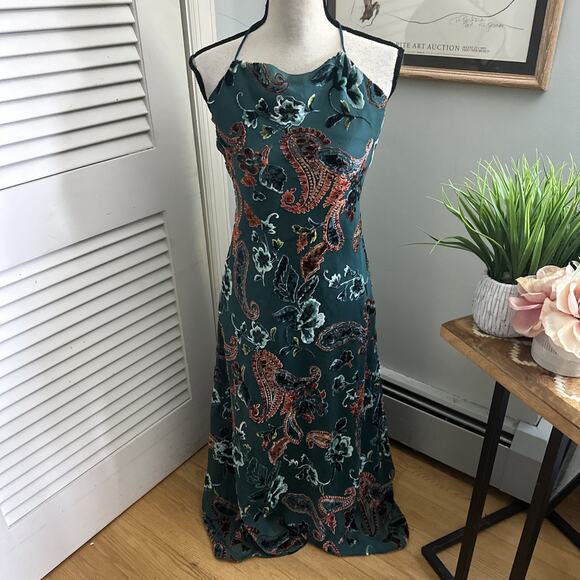 SACRED HAWK Dress Small Green Floral Velvet Burnout Maxi Halter Fairy Grunge - Picture 1 of 12